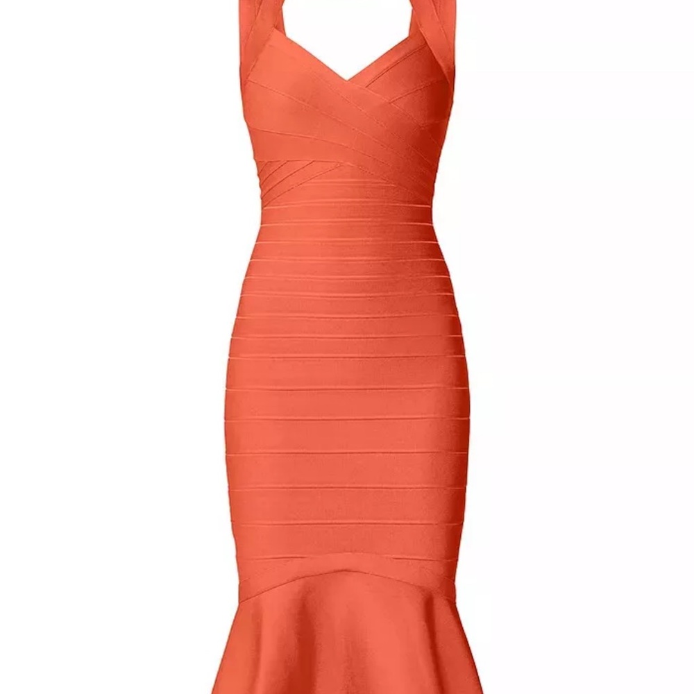 HERVE LEGER Sweetheart Flare Hem Bandage Dress Deep Sea Coral size Small $850.00